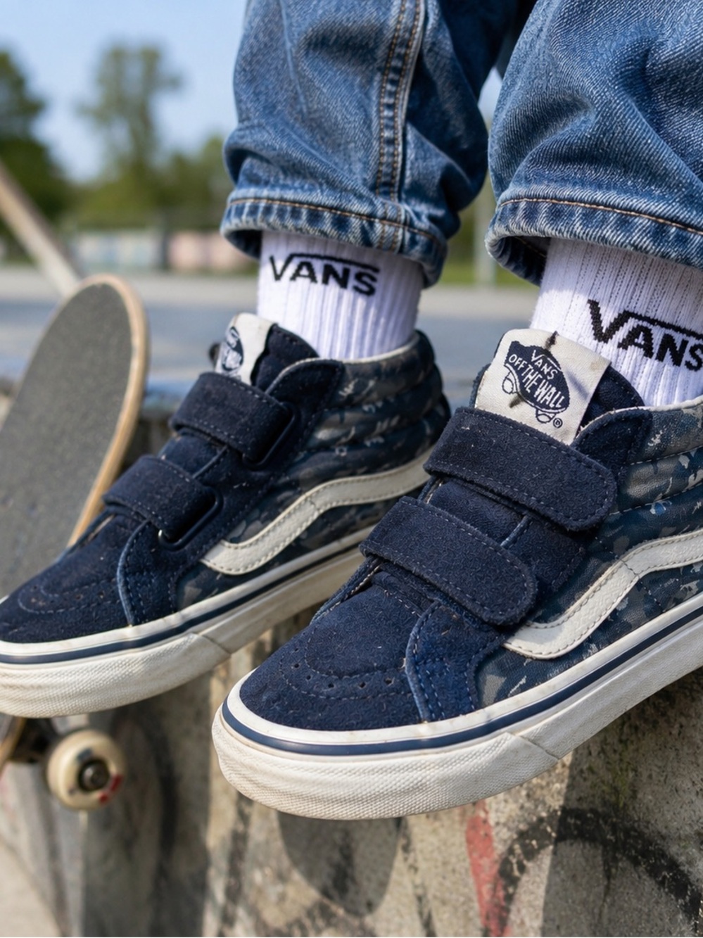 Vans Sk8 Mid V Kids 12 Navy Camo Velcro Skate Sneakers High Top